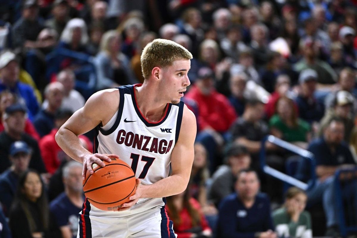 Jan 8, 2026; Spokane, Washington, USA; Gonzaga Bulldogs guard Mario Saint-Supery (17) controls the ball against the Santa Clara Broncos in the second half at McCarthey Athletic Center. Mandatory Credit: James Snook-Imagn Images