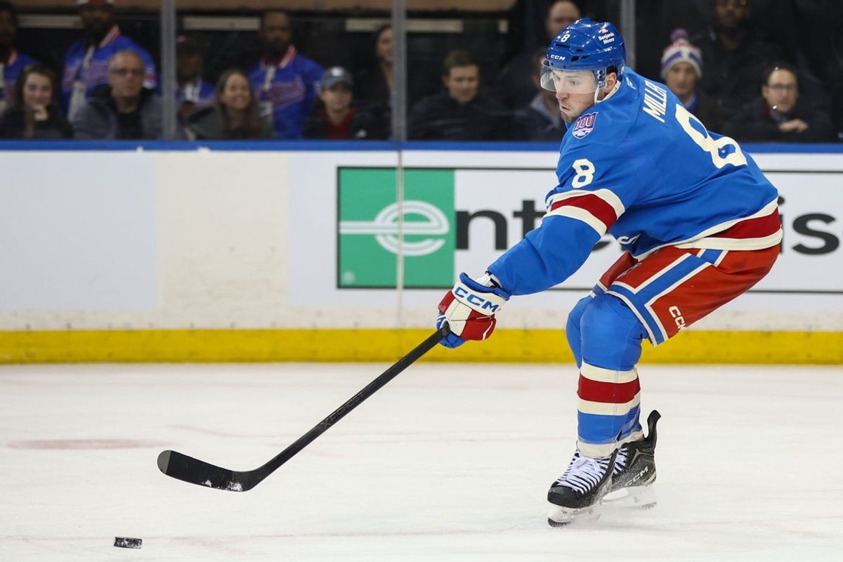 Jan 8, 2026; New York, New York, USA;  New York Rangers center J.T. Miller (8) at Madison Square Garden. Mandatory Credit: Wendell Cruz-Imagn Images