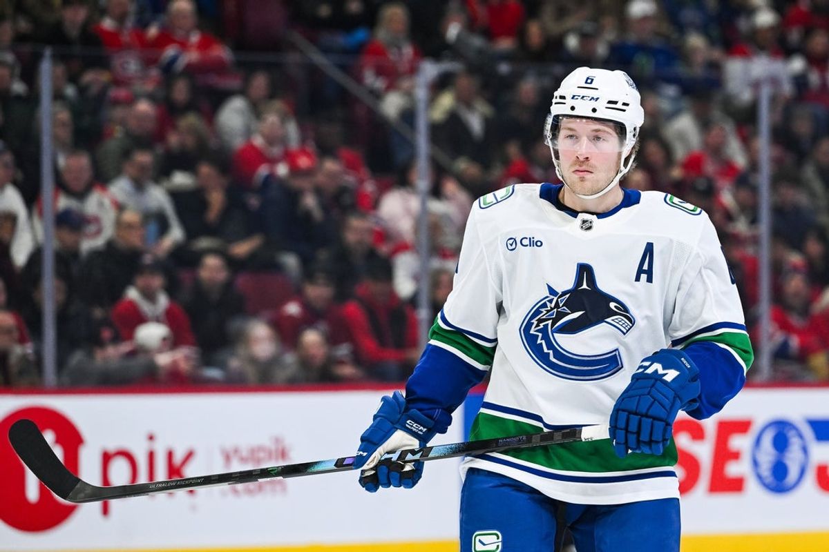 Jan 12, 2026; Montreal, Quebec, CAN; Vancouver Canucks right wing Brock Boeser (6) looks on against the Montreal Canadiens during the first period at Bell Centre. Mandatory Credit: David Kirouac-Imagn Images