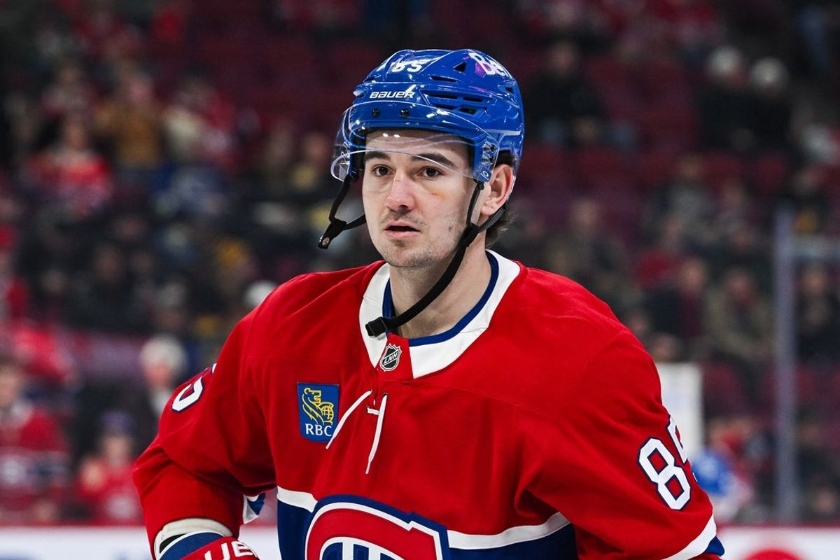 Jan 12, 2026; Montreal, Quebec, CAN; Montreal Canadiens left wing Alexandre Texier (85) looks on during warm-up before the game against the Vancouver Canucks at Bell Centre. Mandatory Credit: David Kirouac-Imagn Images