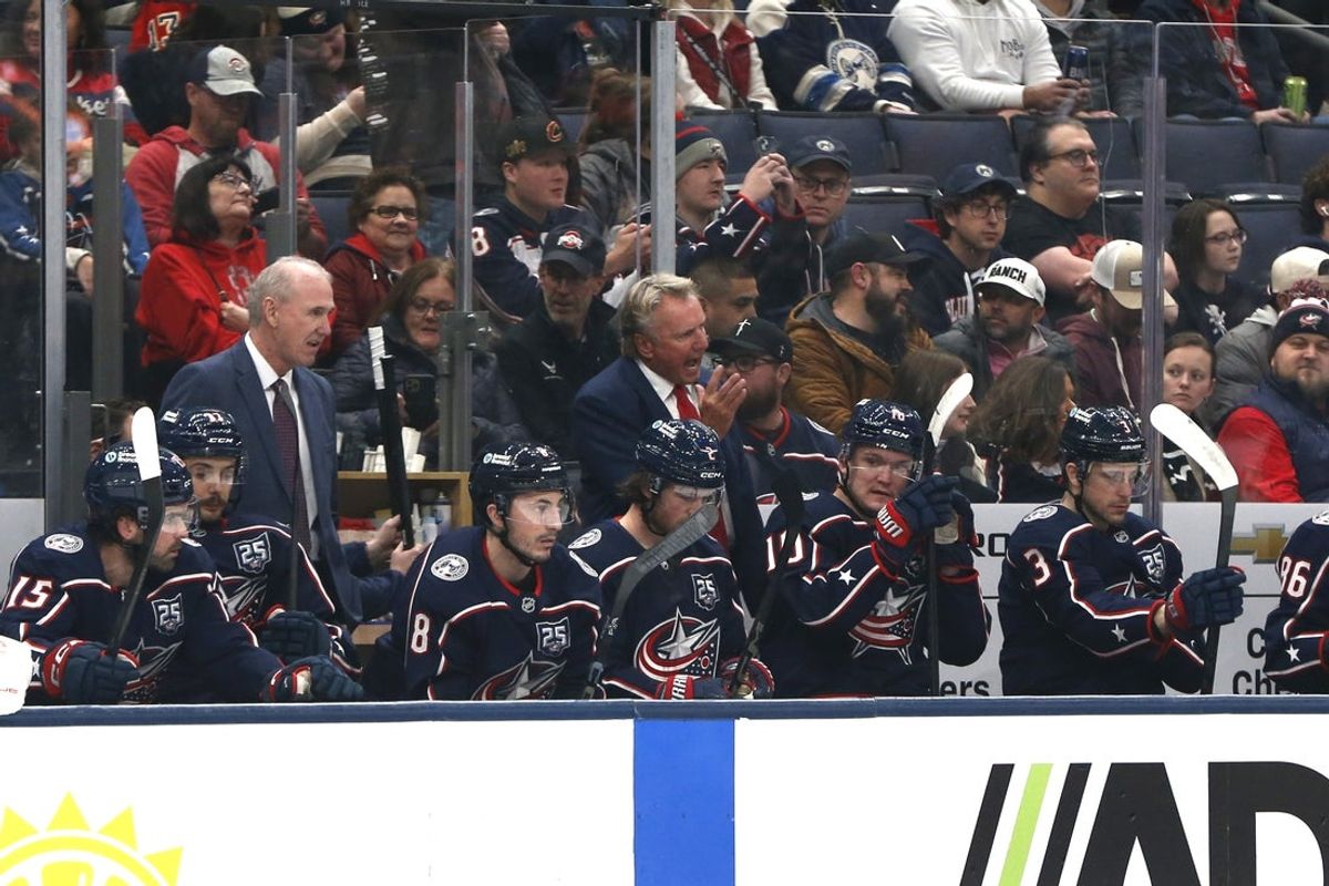 Jan 13, 2026; Columbus, Ohio, USA; Columbus Blue Jackets new head coach Rick Bowness instructs the bench during the first period against the Calgary Flames at Nationwide Arena. Mandatory Credit: Russell LaBounty-Imagn Images