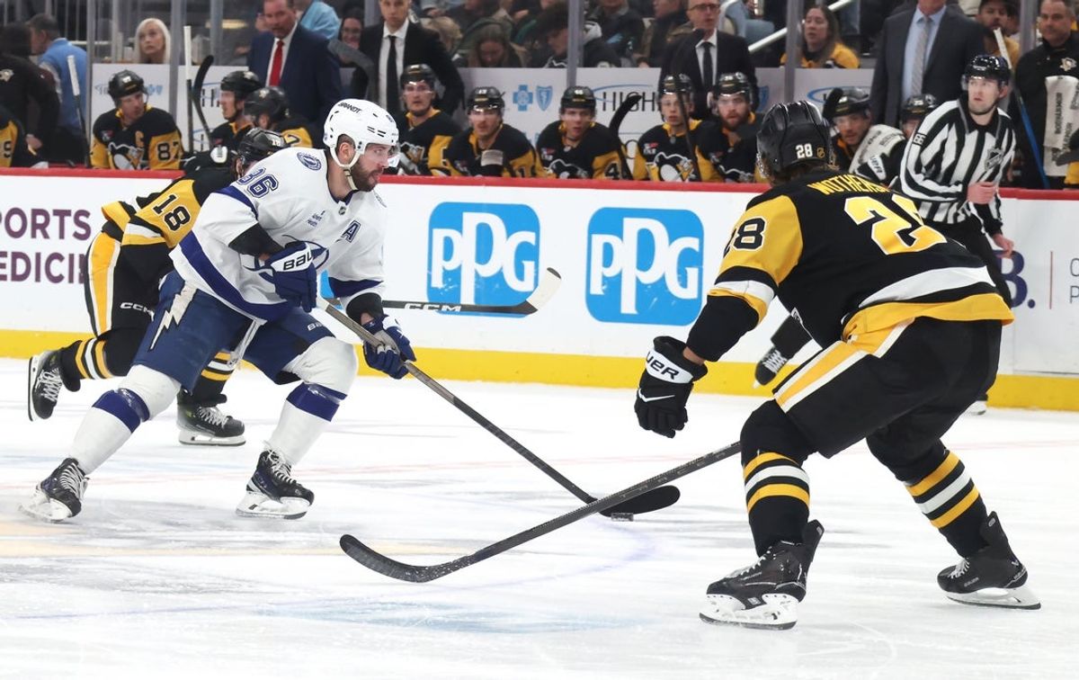 Jan 13, 2026; Pittsburgh, Pennsylvania, USA;  Tampa Bay Lightning right wing Nikita Kucherov (86) skates with the puck against the Pittsburgh Penguins during the second period at PPG Paints Arena. Mandatory Credit: Charles LeClaire-Imagn Images