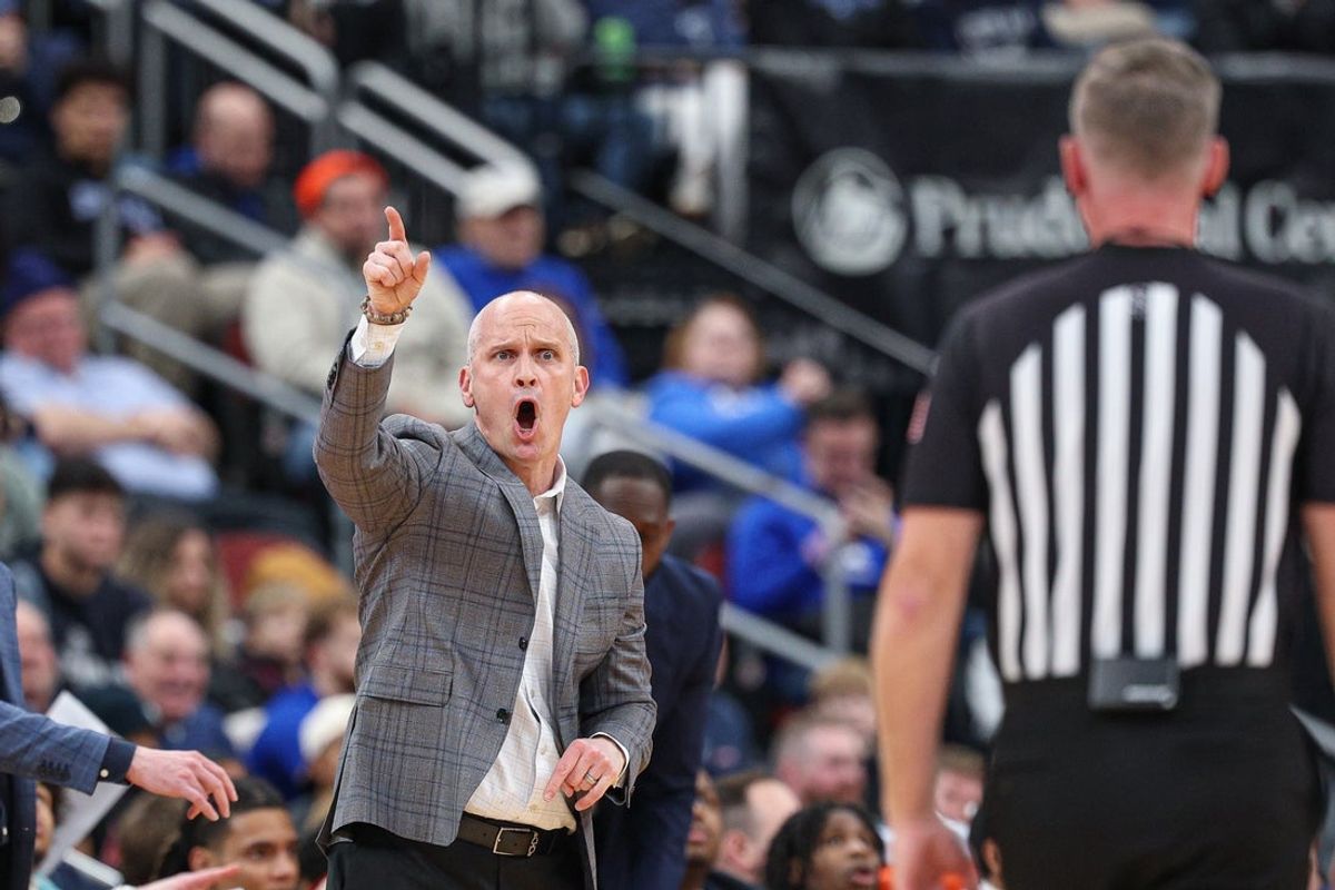 Jan 13, 2026; Newark, New Jersey, USA; UConn Huskies head coach Dan Hurley reacts during the first half against the Seton Hall Pirates at Prudential Center. Mandatory Credit: Vincent Carchietta-Imagn Images