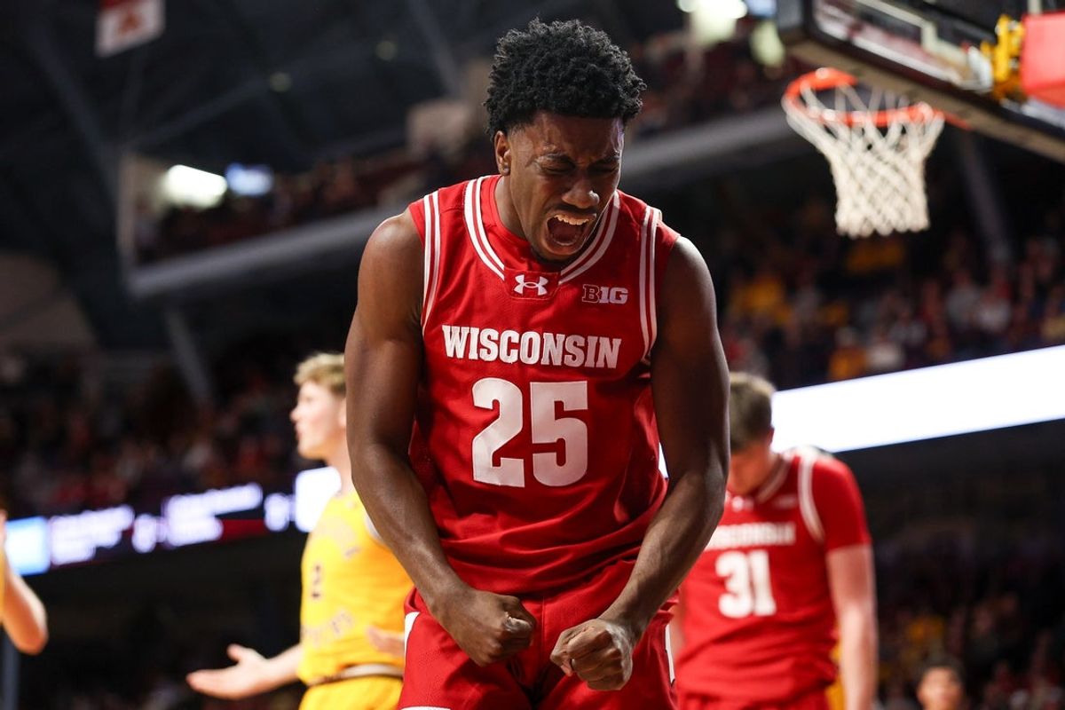 Jan 13, 2026; Minneapolis, Minnesota, USA; Wisconsin Badgers guard John Blackwell (25) reacts during the second half against the Minnesota Golden Gophers at Williams Arena. Mandatory Credit: Matt Krohn-Imagn Images