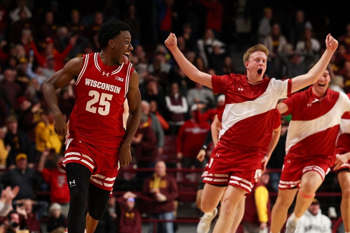 Jan 13, 2026; Minneapolis, Minnesota, USA; Wisconsin Badgers guard John Blackwell (25) celebrates his game winning three-point basket against the Minnesota Golden Gophers during the second half at Williams Arena. Mandatory Credit: Matt Krohn-Imagn Images
