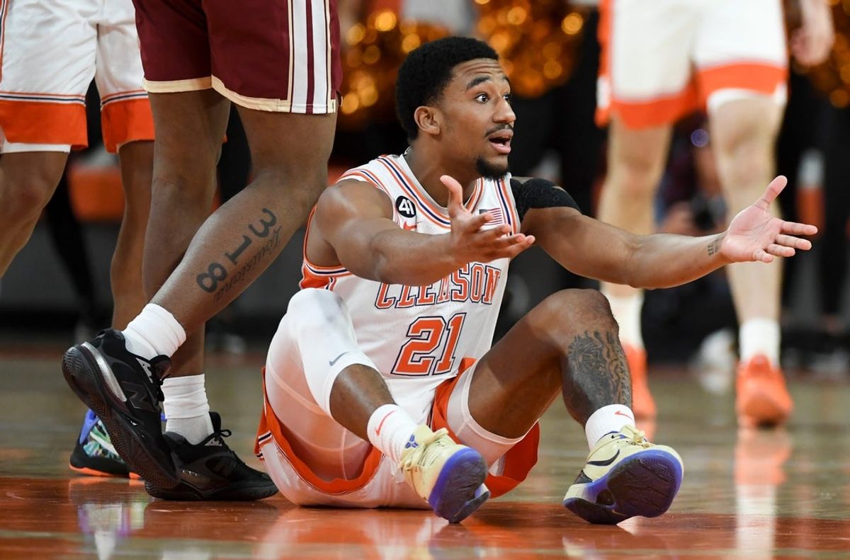 Clemson Tigers guard Ace Buckner (21) reacts to a foul called against him Tuesday, Jan. 13, 2026, during the NCAA men’s basketball game against the Boston College Eagles at Littlejohn Coliseum in Clemson, South Carolina.