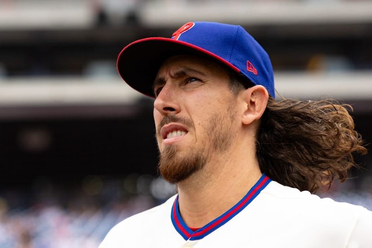 Aug 23, 2023; Philadelphia, Pennsylvania, USA; Philadelphia Phillies starting pitcher Michael Lorenzen takes the field for a game against the San Francisco Giants at Citizens Bank Park.