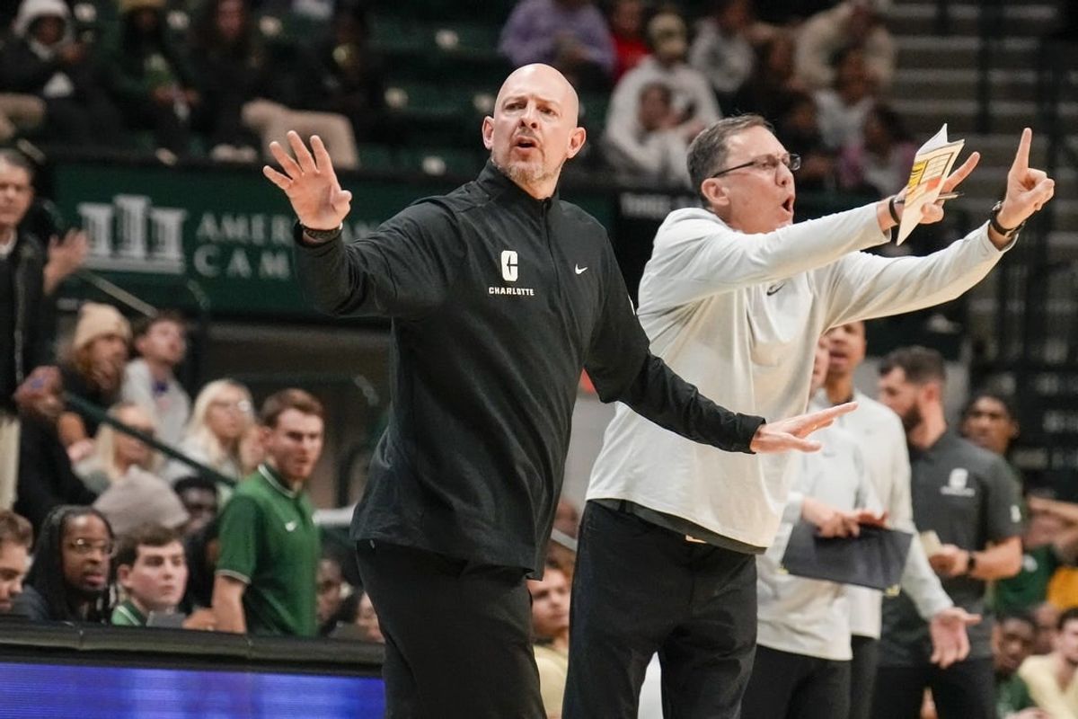 Jan 6, 2024; Charlotte, North Carolina, USA; Charlotte 49ers head coach Aaron Fearne during the second half against the Florida Atlantic Owls at Dale F. Halton Arena.