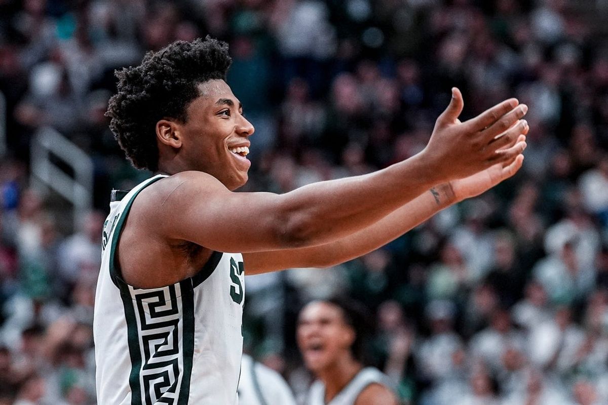 Michigan State guard Jeremy Fears Jr. (1) reacts to a play against Indiana during the second half at Breslin Center in East Lansing on Tuesday, Jan. 13, 2026.