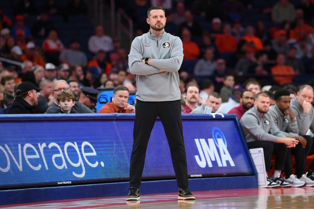 Jan 13, 2026; Syracuse, New York, USA; Florida State Seminoles head coach Luke Loucks looks on against the Syracuse Orange during the first half at the JMA Wireless Dome. Mandatory Credit: Rich Barnes-Imagn Images