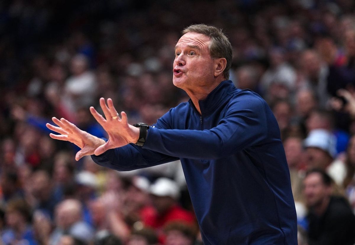 Jan 13, 2026; Lawrence, Kansas, USA; Kansas Jayhawks head coach Bill Self reacts during the first half against the Iowa State Cyclones at Allen Fieldhouse. Mandatory Credit: Jay Biggerstaff-Imagn Images