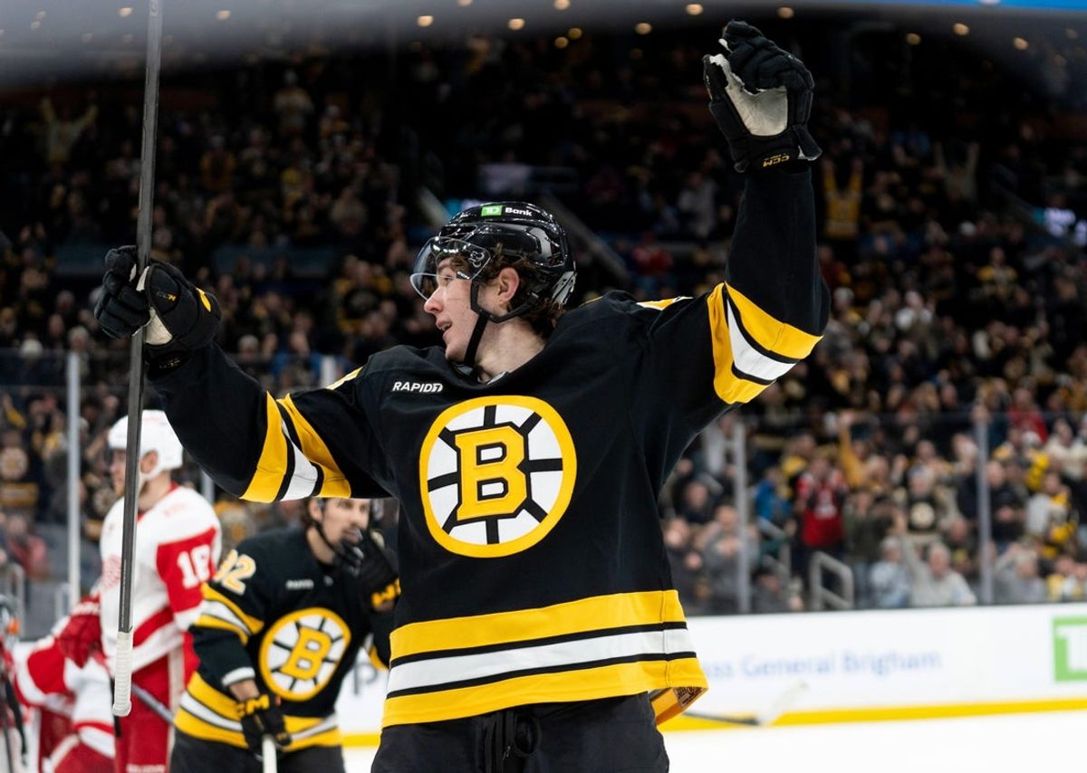 Jan 13, 2026; Boston, Massachusetts, USA; Boston Bruins center Fraser Minten (93) scores a goal during the third period against the Detroit Red Wings at TD Garden. Mandatory Credit: Natalie Reid-Imagn Images