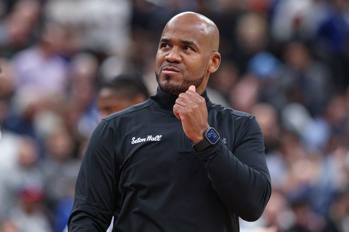 Jan 13, 2026; Newark, New Jersey, USA; Seton Hall Pirates head coach Shaheen Holloway looks up during the second half against the UConn Huskies at Prudential Center. Mandatory Credit: Vincent Carchietta-Imagn Images