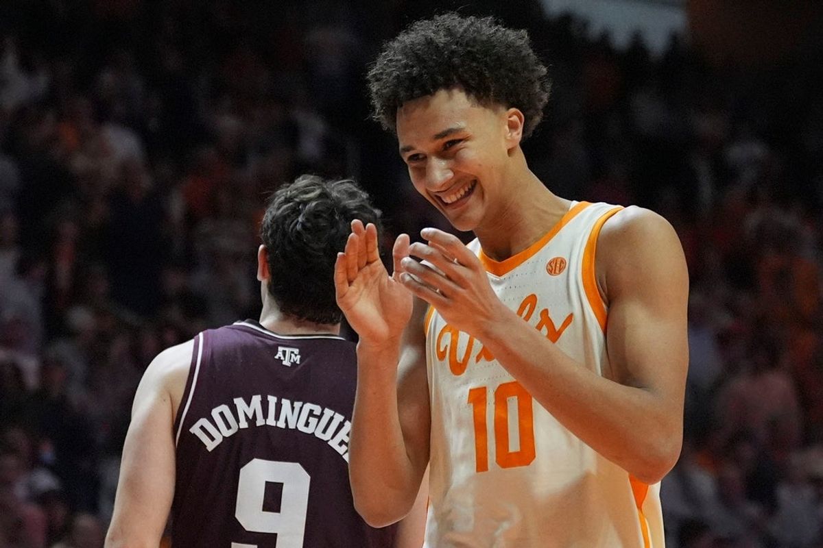 Tennessee forward Nate Ament (10) smiles during a NCAA basketball game between Tennessee and Texas A&M at Thompson-Boling Arena at Food City Center in Knoxville, Tenn., on Jan. 13, 2026.