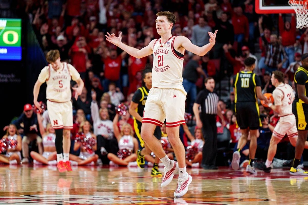 Jan 13, 2026; Lincoln, Nebraska, USA; Nebraska Cornhuskers forward Pryce Sandfort (21) reacts after a three point basket against the Oregon Ducks during the second half at Pinnacle Bank Arena. Mandatory Credit: Dylan Widger-Imagn Images