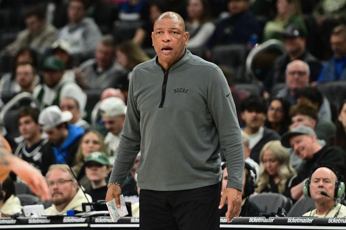 Jan 13, 2026; Milwaukee, Wisconsin, USA; Milwaukee Bucks head coach Doc Rivers looks on in the fourth quarter against the Minnesota Timberwolves at Fiserv Forum. Mandatory Credit: Benny Sieu-Imagn Images