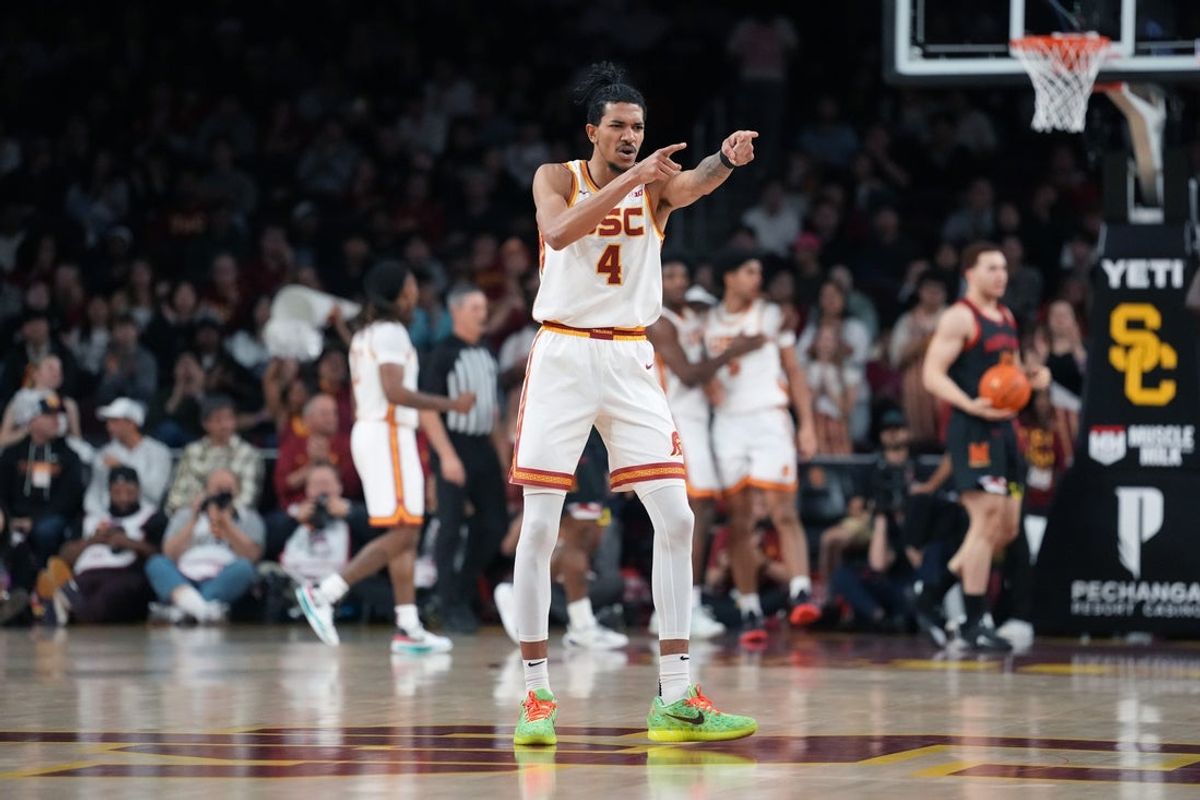 Jan 13, 2026; Los Angeles, California, USA; Southern California Trojans guard Chad Baker-Mazara (4) gestures against the Maryland Terrapins in the first half at Galen Center. Mandatory Credit: Kirby Lee-Imagn Images