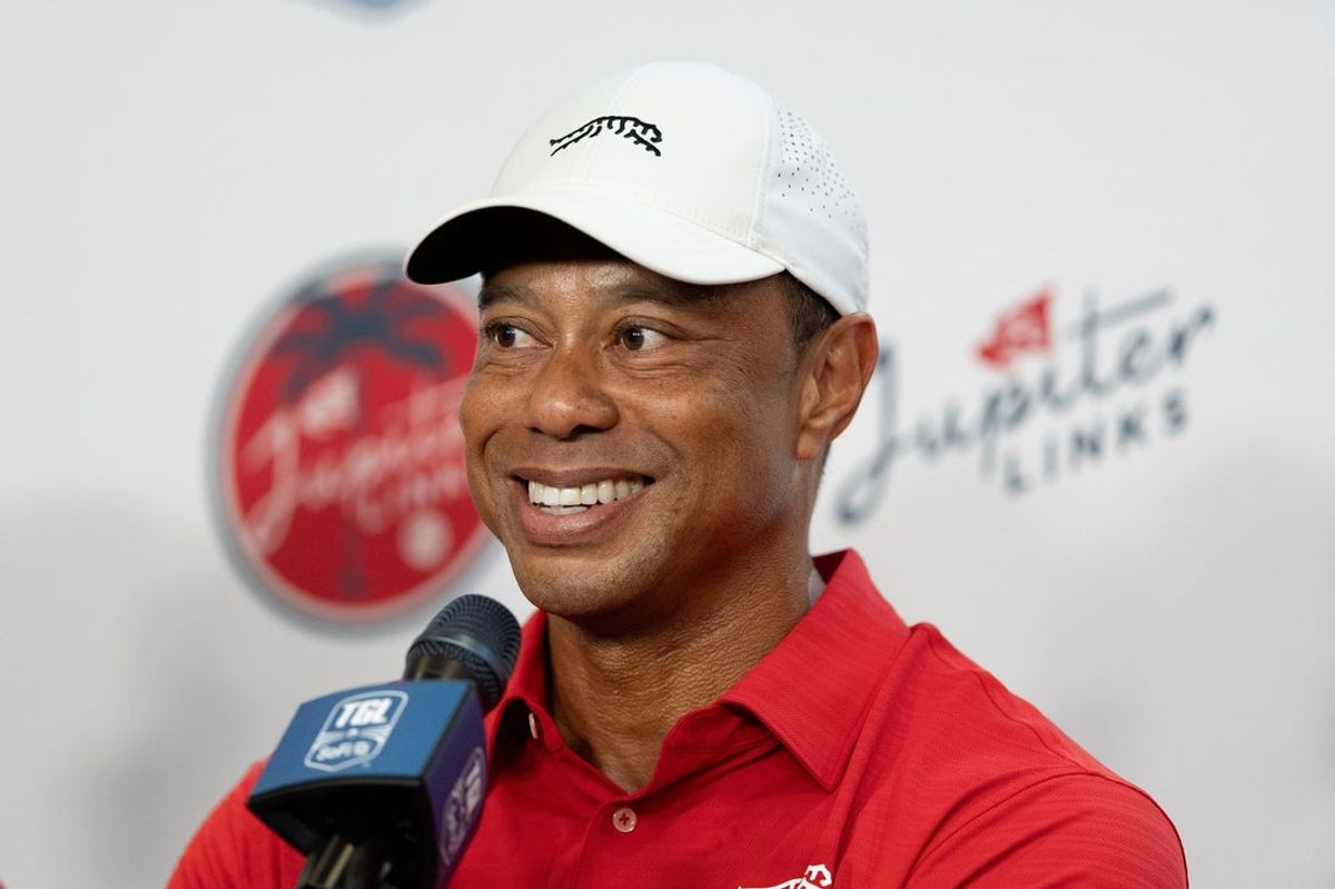 Tiger Woods of Jupiter Links answers questions from the media after a TGL match against New York Golf Club at SoFi Center on January 13, 2026, in Palm Beach Gardens, Florida.