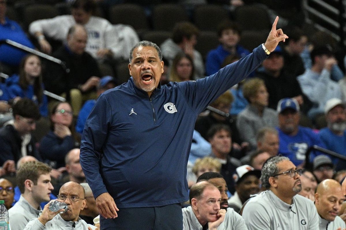 Jan 13, 2026; Omaha, Nebraska, USA;  Georgetown Hoyas head coach Ed Cooley signals against the Creighton Bluejays during the first half at CHI Health Center Omaha. Mandatory Credit: Steven Branscombe-Imagn Images