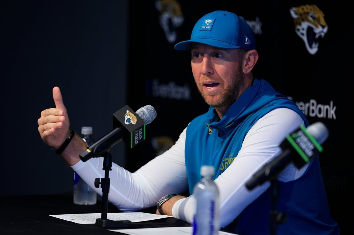 Jacksonville Jaguars head coach Liam Coen speaks during a press conference at the Miller Electric Center, Wednesday, Jan. 14, 2026, in Jacksonville, Fla.