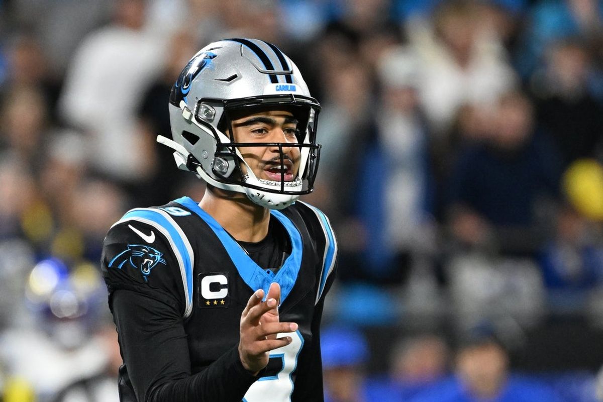 Jan 10, 2026; Charlotte, NC, USA; Carolina Panthers quarterback Bryce Young (9) reacts in the fourth quarter in an NFC Wild Card Round game at Bank of America Stadium. Mandatory Credit: Bob Donnan-Imagn Images