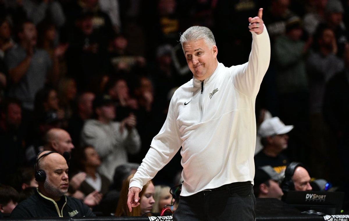 Jan 14, 2026; West Lafayette, Indiana, USA; Purdue Boilermakers head coach Matt Painter points to the court during the second half against the Iowa Hawkeyes at Mackey Arena. Mandatory Credit: Marc Lebryk-Imagn Images
