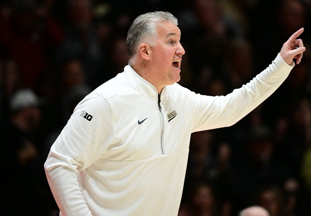 Jan 14, 2026; West Lafayette, Indiana, USA;  Purdue Boilermakers head coach Matt Painter reacts to a call in the second half against the Iowa Hawkeyes at Mackey Arena. Mandatory Credit: Marc Lebryk-Imagn Images