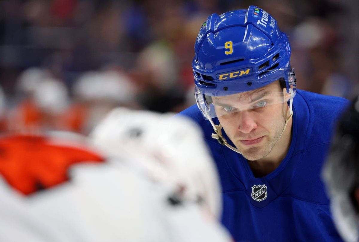Jan 14, 2026; Buffalo, New York, USA;  Buffalo Sabres center Josh Norris (9) waits for the face-off during the second period against the Philadelphia Flyers at KeyBank Center. Mandatory Credit: Timothy T. Ludwig-Imagn Images