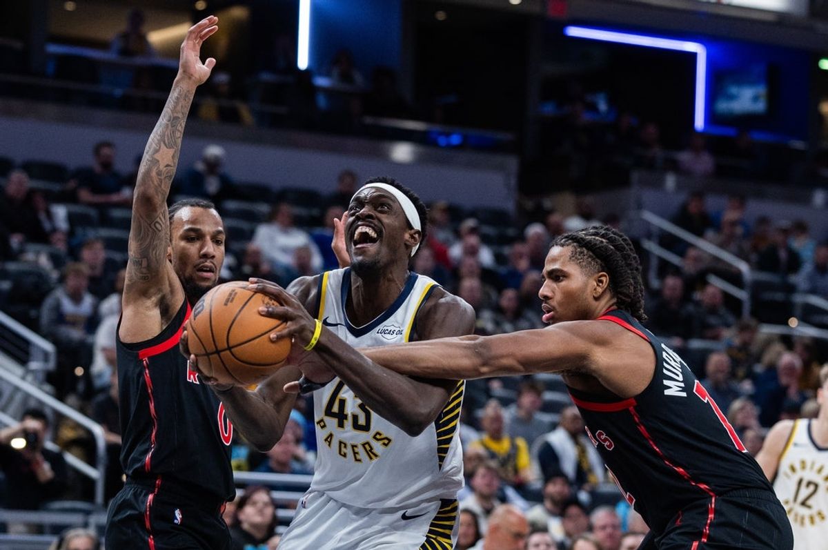 Jan 14, 2026; Indianapolis, Indiana, USA; Indiana Pacers forward Pascal Siakam (43) shoots the ball while Toronto Raptors guard A.J. Lawson (0) defends in the second half at Gainbridge Fieldhouse. Mandatory Credit: Trevor Ruszkowski-Imagn Images