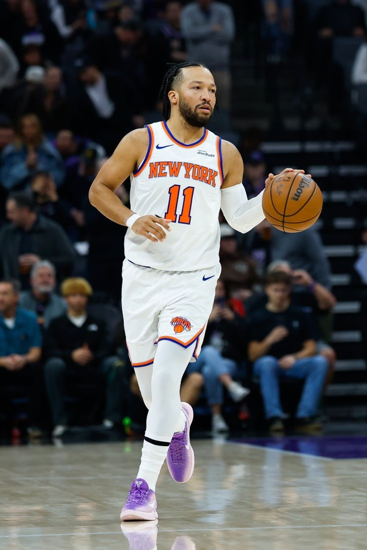 Jan 14, 2026; Sacramento, California, USA; New York Knicks guard Jalen Brunson (11) dribbles the ball during the first quarter Sacramento Kings at Golden 1 Center. Mandatory Credit: Sergio Estrada-Imagn Images
