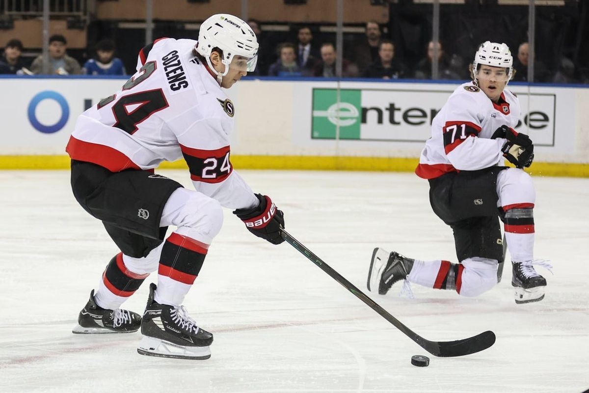 Jan 14, 2026; New York, New York, USA;  Ottawa Senators center Dylan Cozens (24) controls the puck in the third period against the New York Rangers at Madison Square Garden. Mandatory Credit: Wendell Cruz-Imagn Images