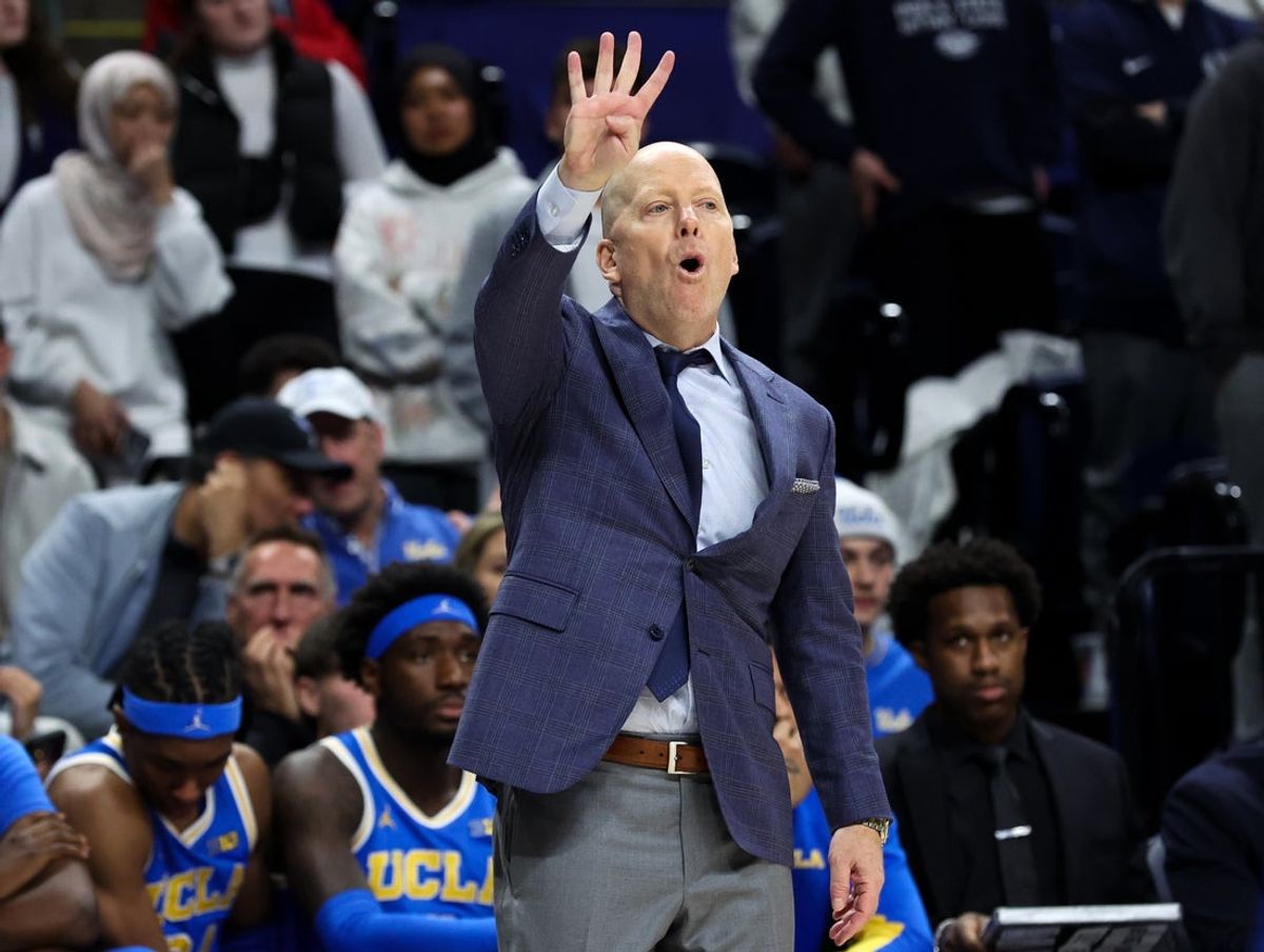 Jan 14, 2026; University Park, Pennsylvania, USA; UCLA Bruins head coach Mick Cronin gestures to his players from the bench during the second half against the Penn State Nittany Lions at Bryce Jordan Center. Mandatory Credit: Matthew O'Haren-Imagn Images
