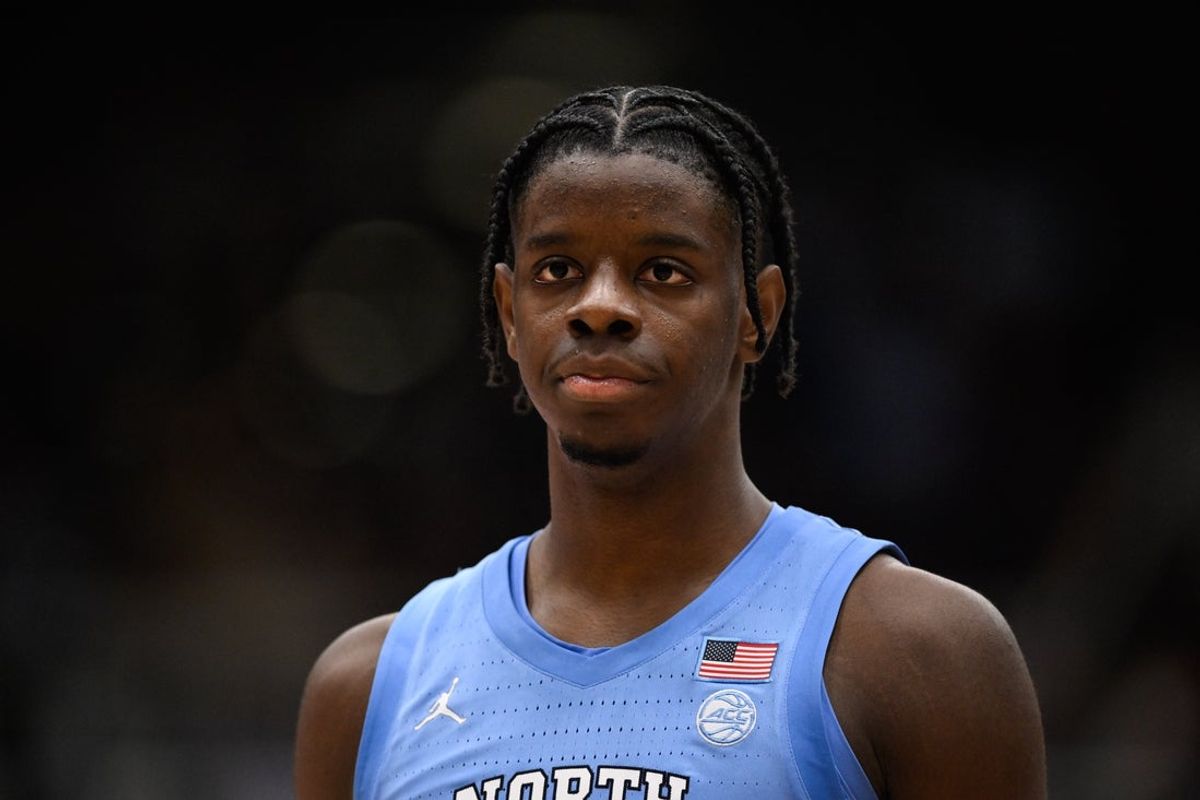Jan 14, 2026; Stanford, California, USA; North Carolina Tar Heels forward Caleb Wilson (8) looks on against the Stanford Cardinal in the second half at Maples Pavilion. Mandatory Credit: Eakin Howard-Imagn Images