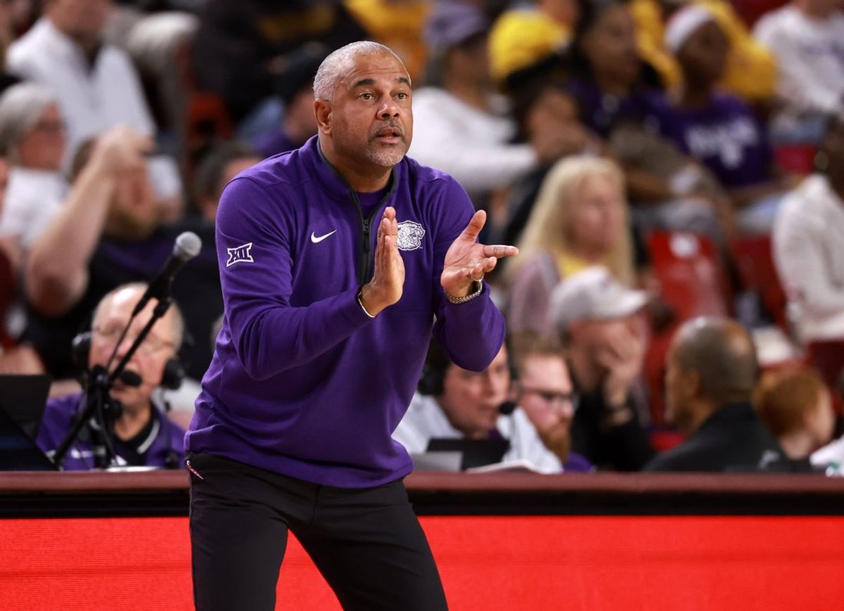 Jan 10, 2026; Tempe, Arizona, USA; Kansas State Wildcats head coach Jerome Tang against the Arizona State Sun Devils at Desert Financial Arena. Mandatory Credit: Mark J. Rebilas-Imagn Images