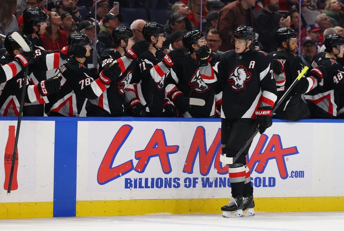 Jan 15, 2026; Buffalo, New York, USA;  Buffalo Sabres center Tage Thompson (72) celebrates his goal with teammates during the first period against the Montréal Canadiens at KeyBank Center. Mandatory Credit: Timothy T. Ludwig-Imagn Images