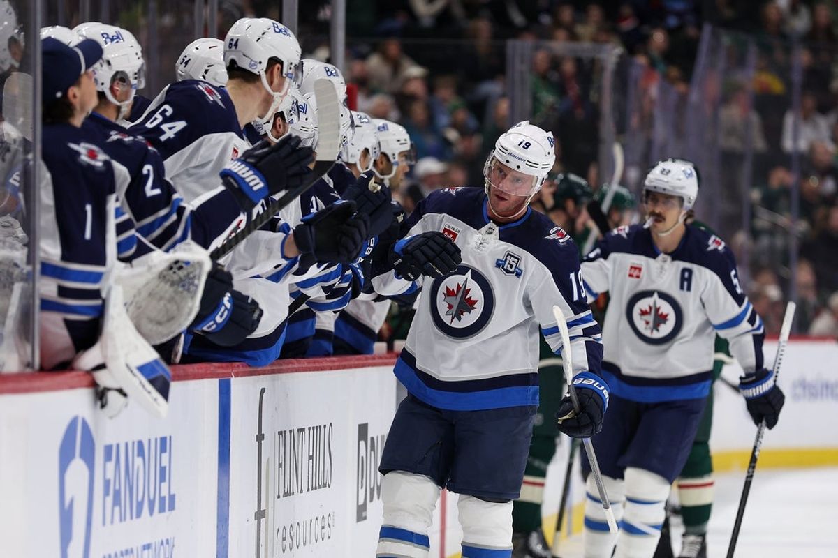 Jan 15, 2026; Saint Paul, Minnesota, USA; Winnipeg Jets center Jonathan Toews (19) celebrates his goal against the Minnesota Wild during the first period at Grand Casino Arena. Mandatory Credit: Matt Krohn-Imagn Images