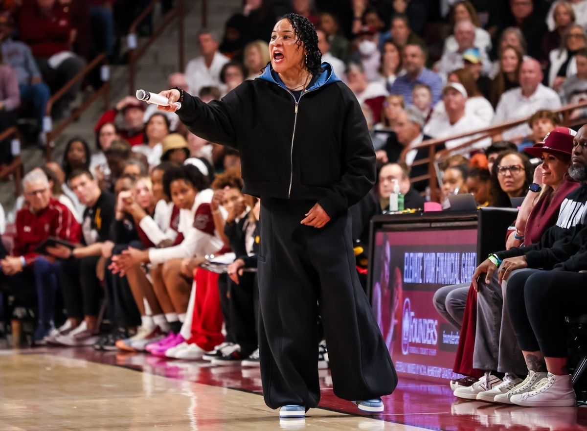 Jan 15, 2026; Columbia, South Carolina, USA; South Carolina Gamecocks head coach Dawn Staley reacts to a call against the Texas Longhorns in the first half at Colonial Life Arena. Mandatory Credit: Jeff Blake-Imagn Images