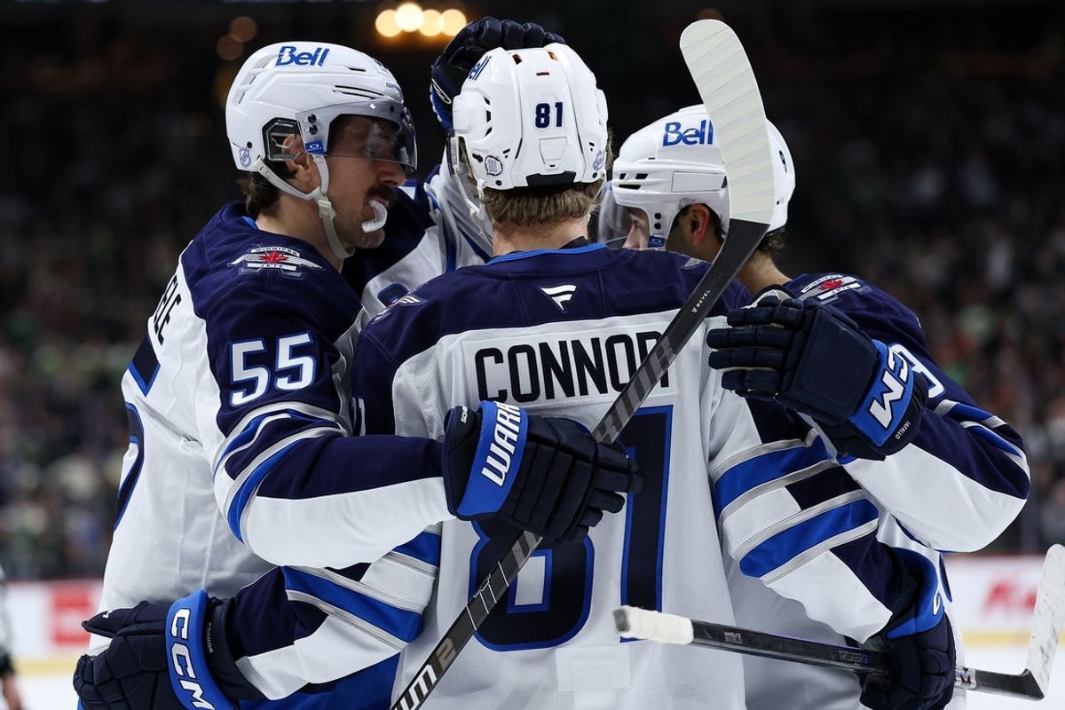 Jan 15, 2026; Saint Paul, Minnesota, USA; Winnipeg Jets center Mark Scheifele (55) celebrates his goal against the Minnesota Wild during the second period at Grand Casino Arena. Mandatory Credit: Matt Krohn-Imagn Images
