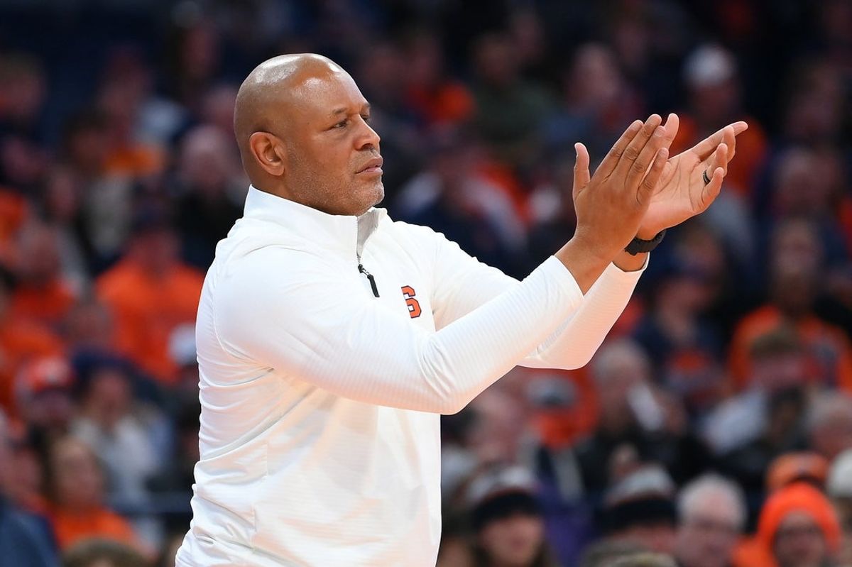 Jan 13, 2026; Syracuse, New York, USA; Syracuse Orange head coach Adrian Autry reacts during the second half against the Florida State Seminoles at the JMA Wireless Dome. Mandatory Credit: Rich Barnes-Imagn Images