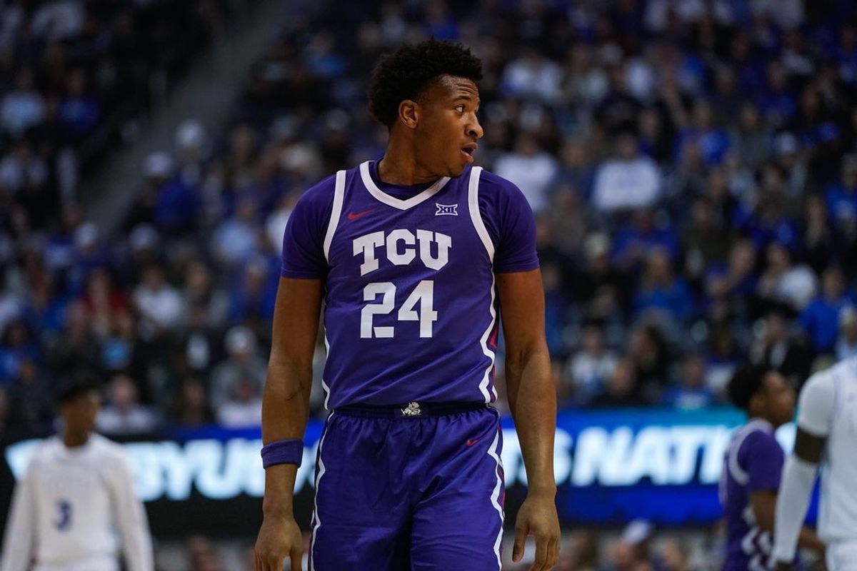 Jan 14, 2026; Provo, Utah, USA; TCU Horned Frogs forward Xavier Edmonds (24) looks on during the first half against the BYU Cougars at Marriott Center. Mandatory Credit: Aaron Baker-Imagn Images