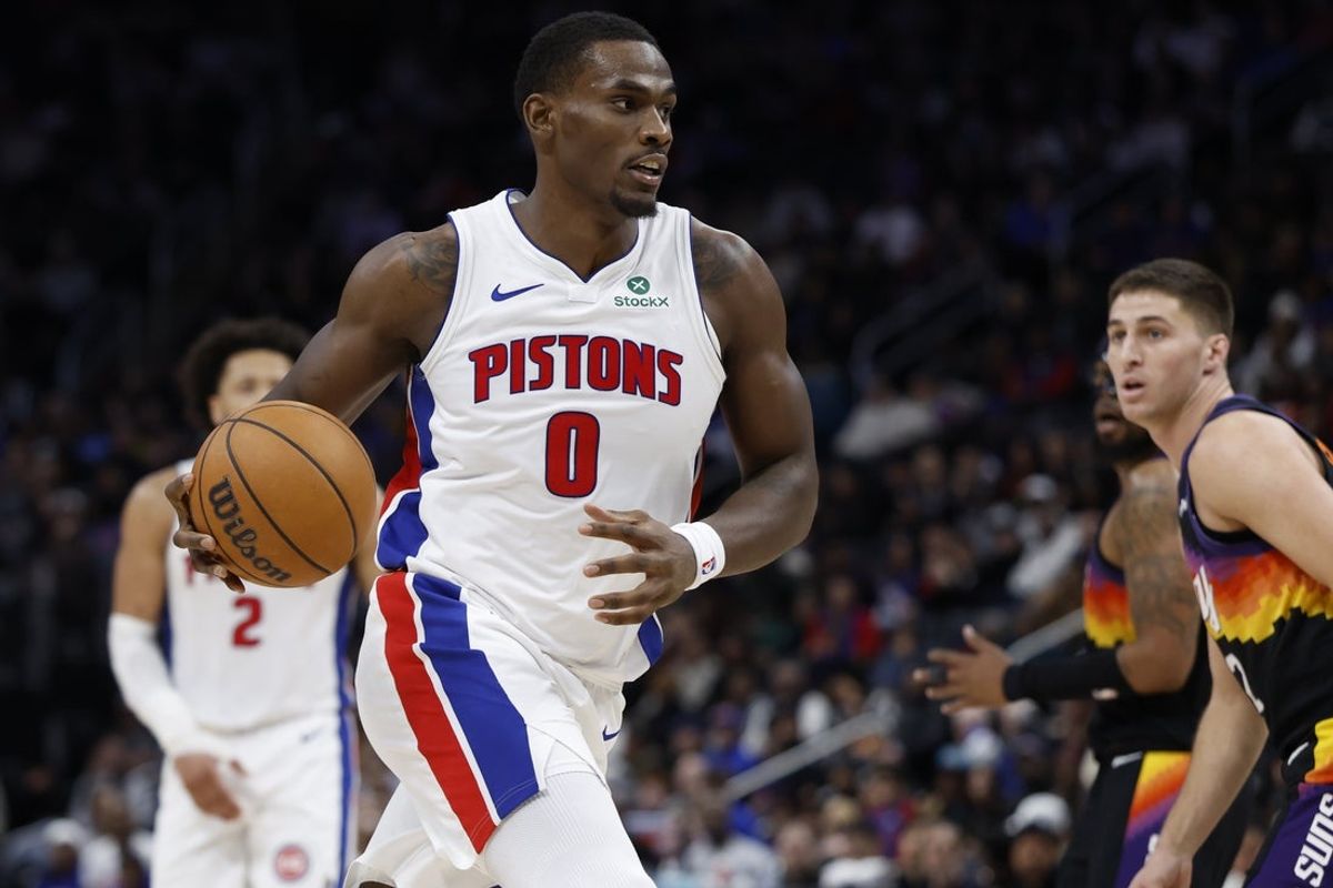 Jan 15, 2026; Detroit, Michigan, USA;  Detroit Pistons center Jalen Duren (0) dribbles in the second half against the Phoenix Suns at Little Caesars Arena. Mandatory Credit: Rick Osentoski-Imagn Images