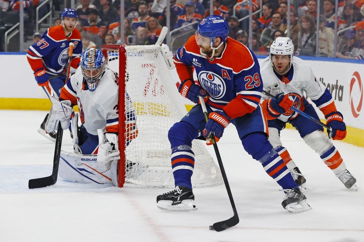 Jan 15, 2026; Edmonton, Alberta, CAN; Edmonton Oilers forward Leon Draisaitl (29) looks to make a pass in front of New York Islanders goaltender Ilya Sorokin (30) during the third period at Rogers Place. Mandatory Credit: Perry Nelson-Imagn Images