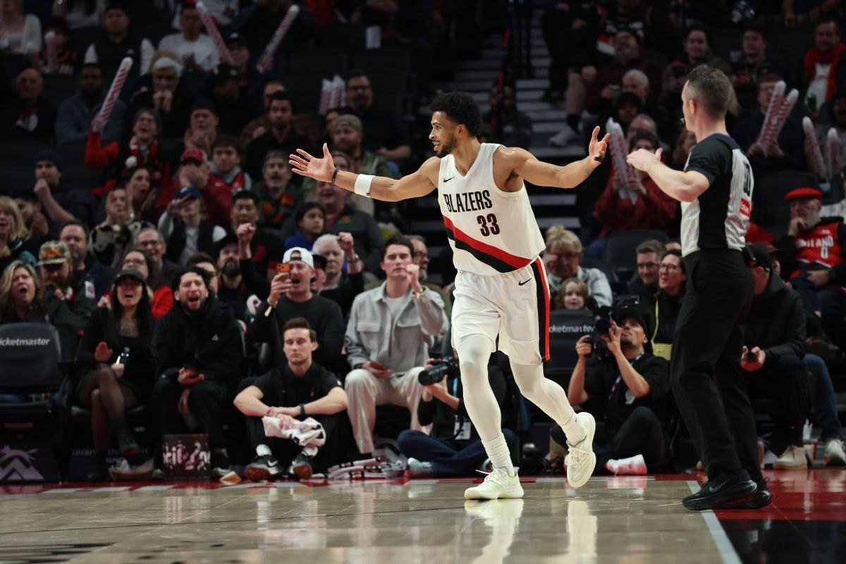 Jan 15, 2026; Portland, Oregon, USA;  Portland Trail Blazers forward Toumani Camara (33) reacts after scoring against the Atlanta Hawks during the second half at Moda Center. Mandatory Credit: Jaime Valdez-Imagn Images