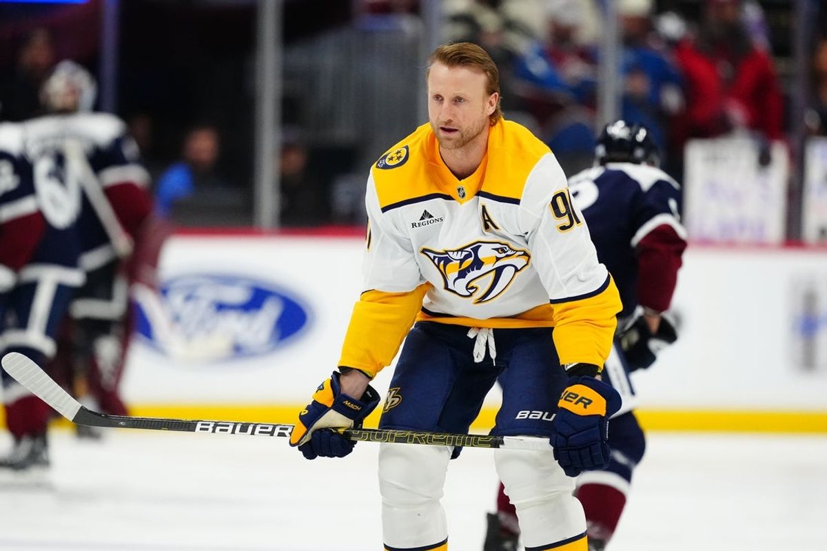 Jan 16, 2026; Denver, Colorado, USA; Nashville Predators center Steven Stamkos (91) before the game against the Colorado Avalanche at Ball Arena. Mandatory Credit: Ron Chenoy-Imagn Images
