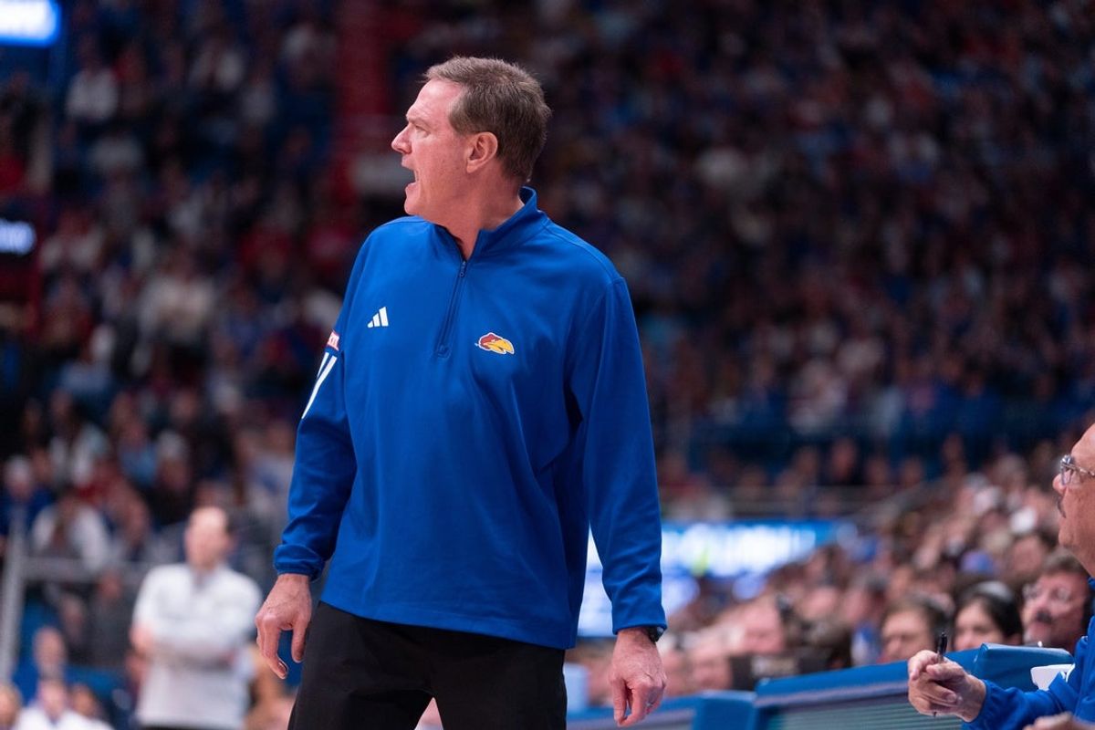 Kansas Jayhawks head coach Bill Self yells out during the game against Baylor Bears inside Allen Fieldhouse on Jan. 16, 2026.