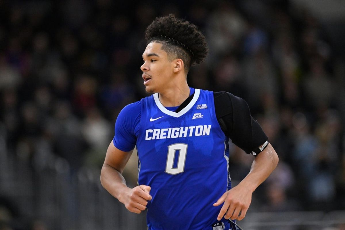 Jan 16, 2026; Providence, Rhode Island, USA; Creighton Bluejays forward Jasen Green (0) runs down the court during the second half against the Providence Friars at Amica Mutual Pavilion. Mandatory Credit: Eric Canha-Imagn Images