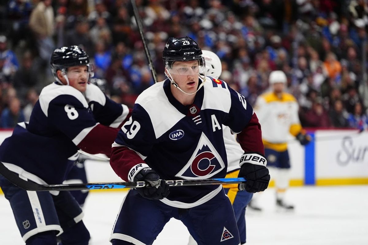 Jan 16, 2026; Denver, Colorado, USA; Colorado Avalanche center Nathan MacKinnon (29) during the first period against the Nashville Predators at Ball Arena. Mandatory Credit: Ron Chenoy-Imagn Images