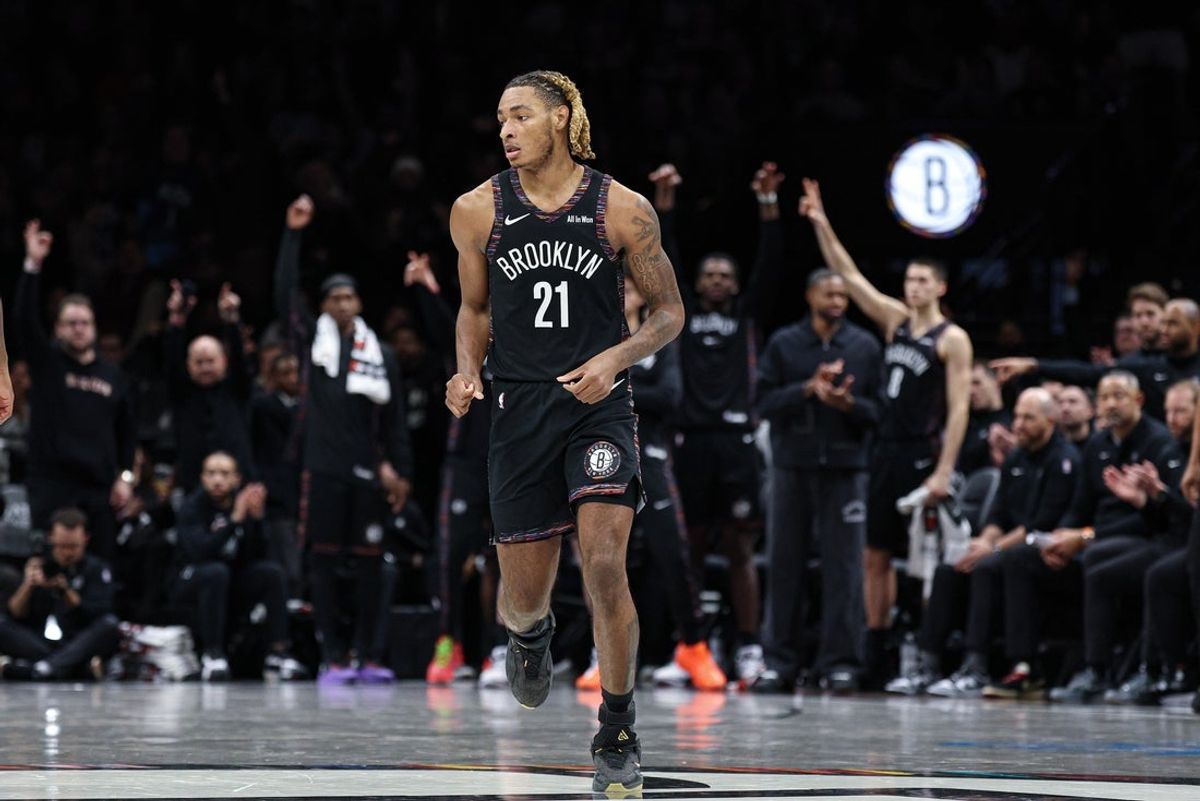 Jan 16, 2026; Brooklyn, New York, USA; Brooklyn Nets forward Noah Clowney (21) runs up court after making a three point basket during the second half against the Chicago Bulls at Barclays Center. Mandatory Credit: Vincent Carchietta-Imagn Images