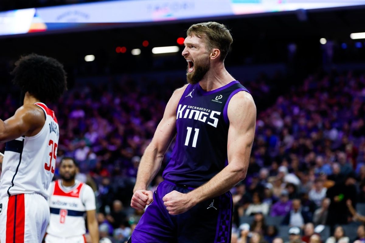 Jan 16, 2026; Sacramento, California, USA; Sacramento Kings forward Domantas Sabonis (11) reacts after a play during the fourth quarter against the Washington Wizards at Golden 1 Center. Mandatory Credit: Sergio Estrada-Imagn Images
