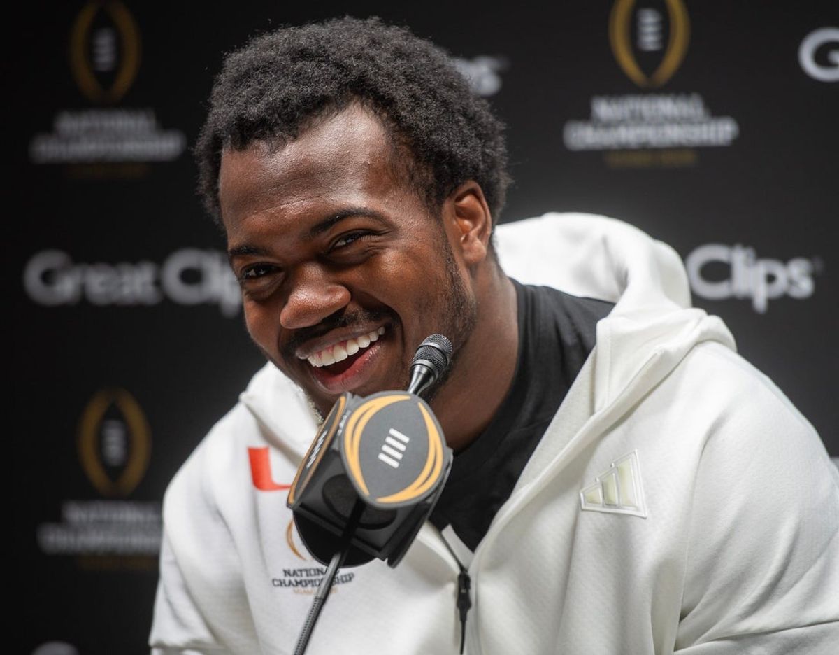 University of Miami's Rueben Bain Jr. talks at Media Day during the College Football Playoff on Saturday, Jan. 17, 2026.